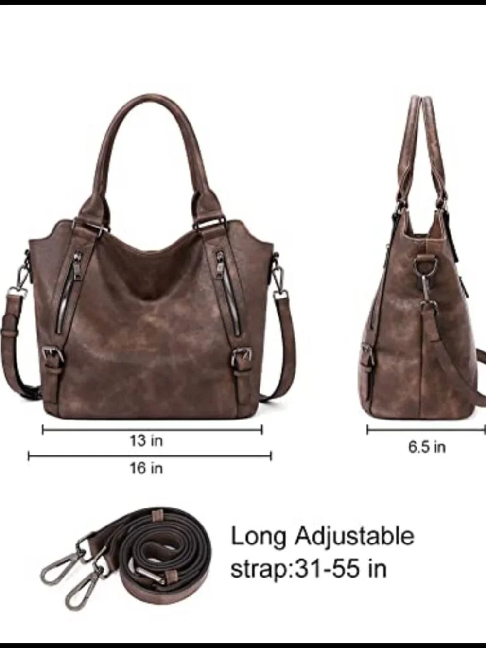Large Vegan Leather Hobo Bag Multi Pockets 3-in-1 Convertible Shoulder Crossbody